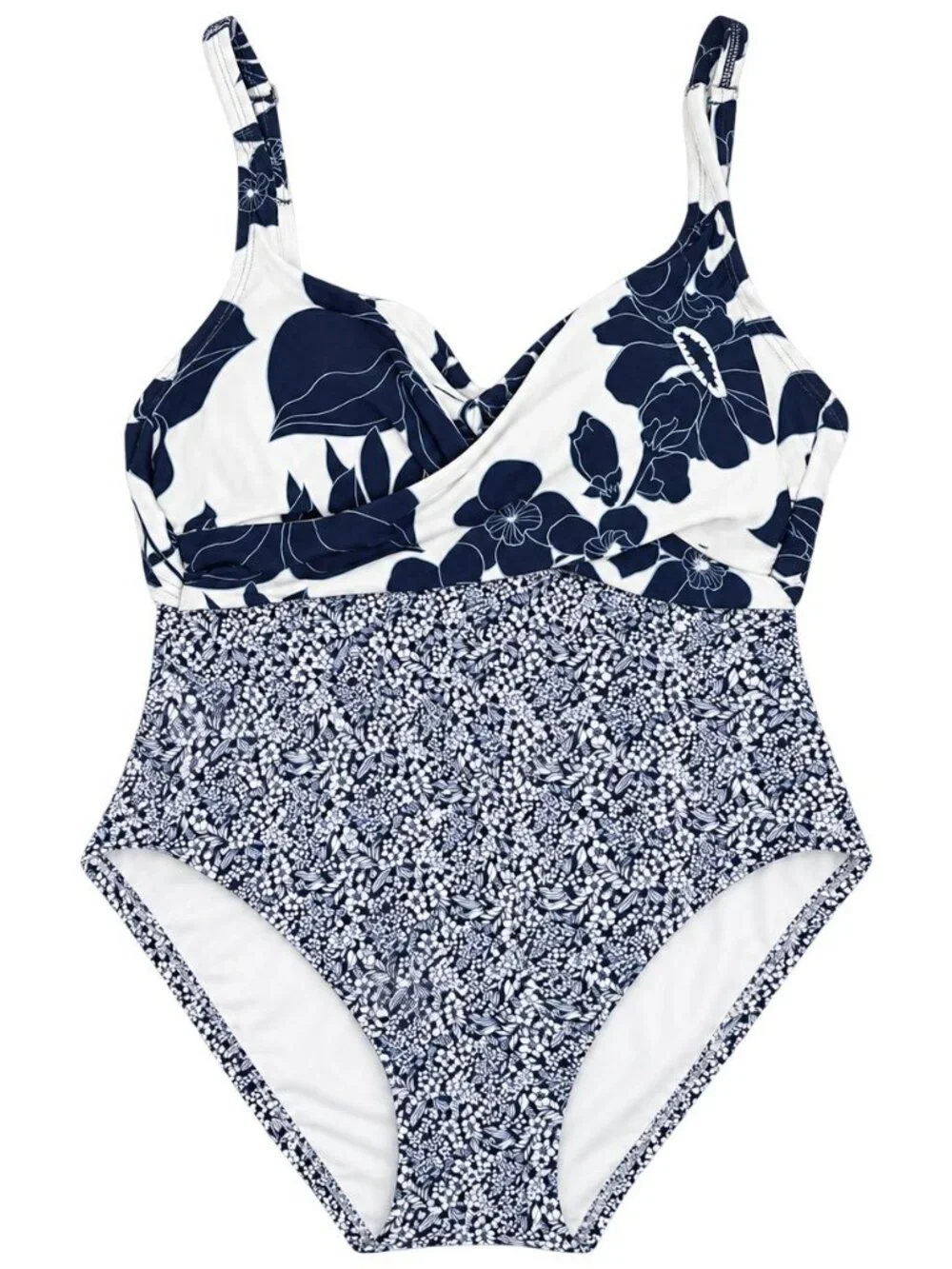 Lands End Wrap Monokini High Leg One Piece Swimsuit NWT Deep Sea Navy Lillies 6P